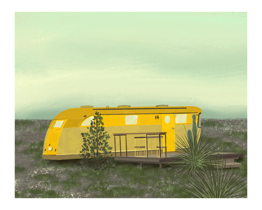 an illustration of a yellow trailer home in the desert