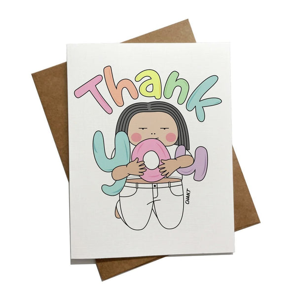 card with illustration of person holding the words thank you