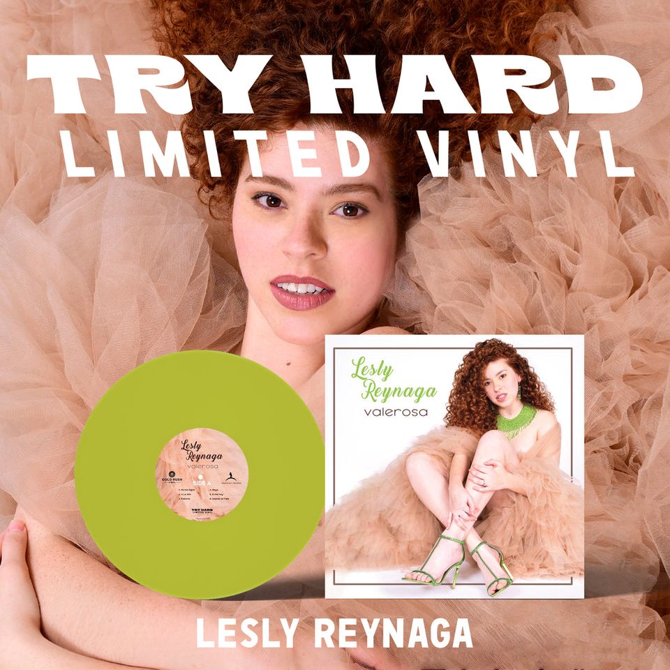 Compiled image of artist Lesly Renaga with her vinyl record and logos from Try Hard 