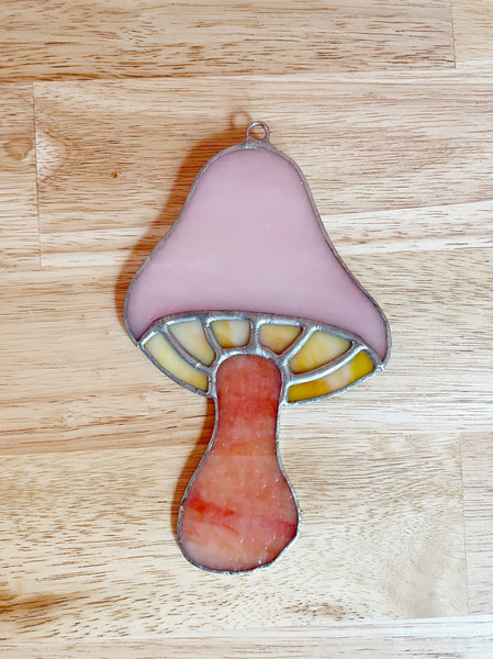 opalescent pink and orange stained glass mushroom